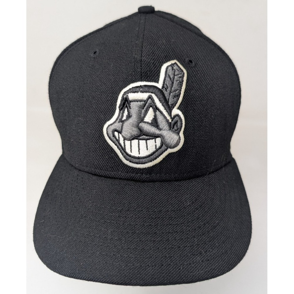 Cleveland Indians Wahoo Black white New Era Fitted 59Fifty Hat  Size 7  Wool VTG